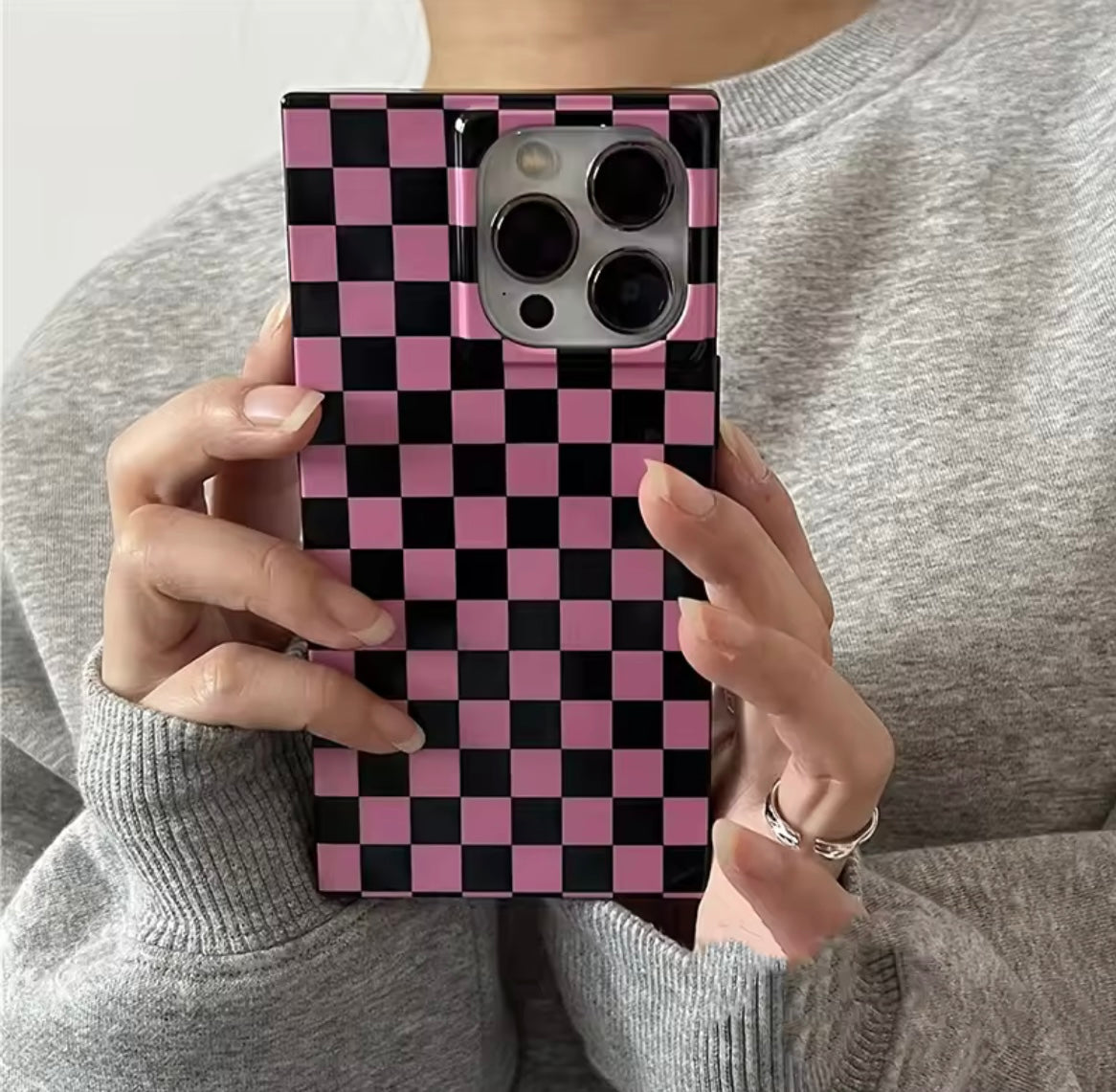 Square Pink Black Plaid Glossy Shockproof Silicone  iPhone Case