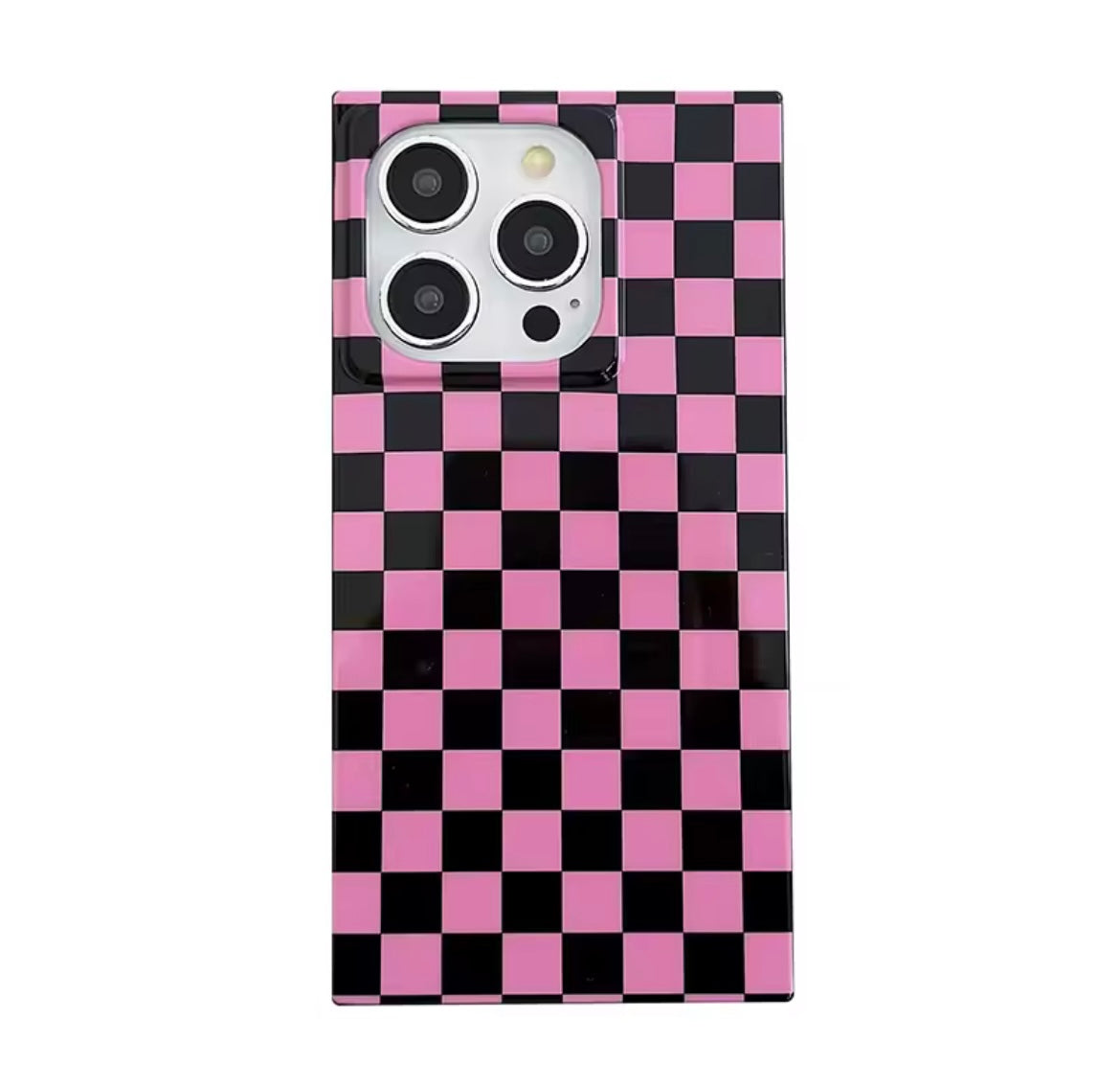 Square Pink Black Plaid Glossy Shockproof Silicone  iPhone Case