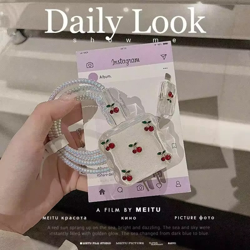 3D Cherry Silver Bow Silver Pre-Order iPhone Adapter Charger Cable Wire Protector Set