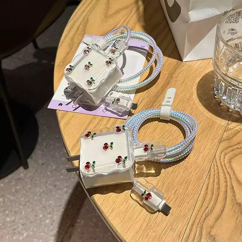 3D Cherry Silver Bow Silver Pre-Order iPhone Adapter Charger Cable Wire Protector Set