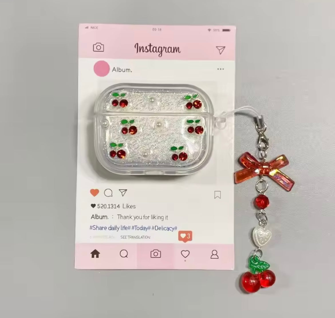 Red Cherry Silver Glitter Airpod Pre-Order Case With Cute Red Bow Hanging