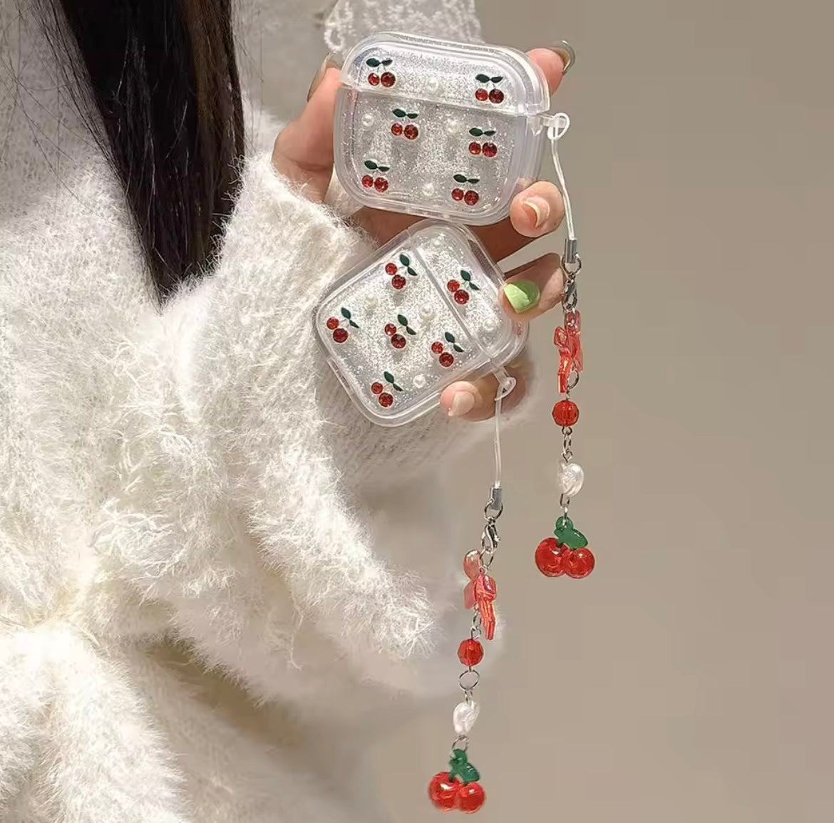 Red Cherry Silver Glitter Airpod Pre-Order Case With Cute Red Bow Hanging