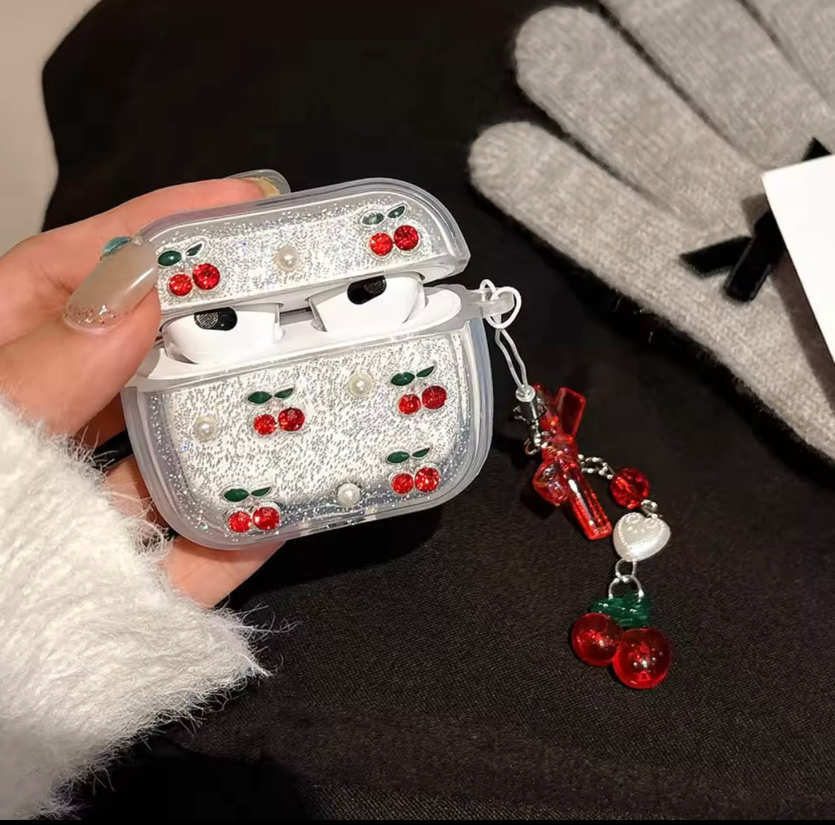 Red Cherry Silver Glitter Airpod Pre-Order Case With Cute Red Bow Hanging