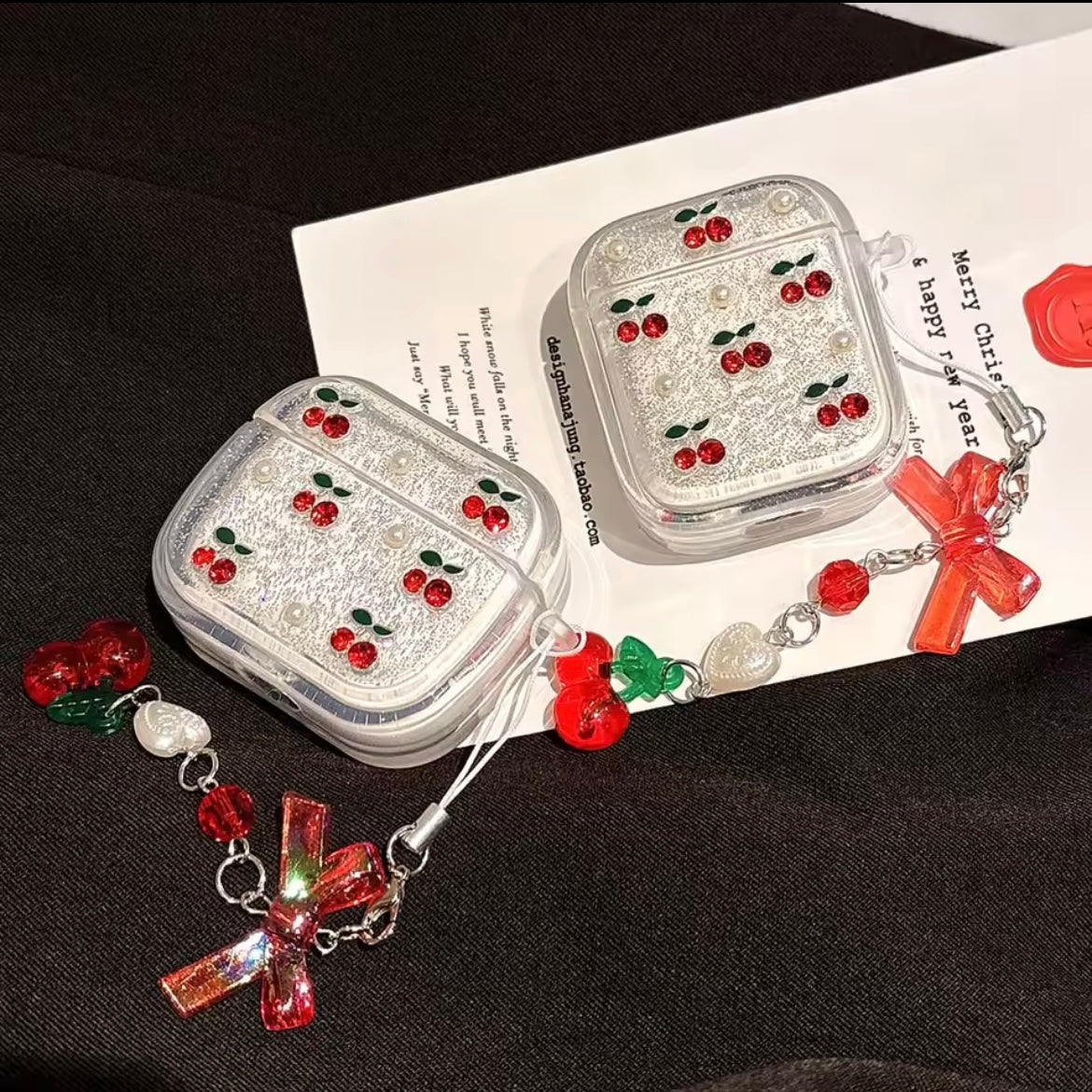 Red Cherry Silver Glitter Airpod Pre-Order Case With Cute Red Bow Hanging