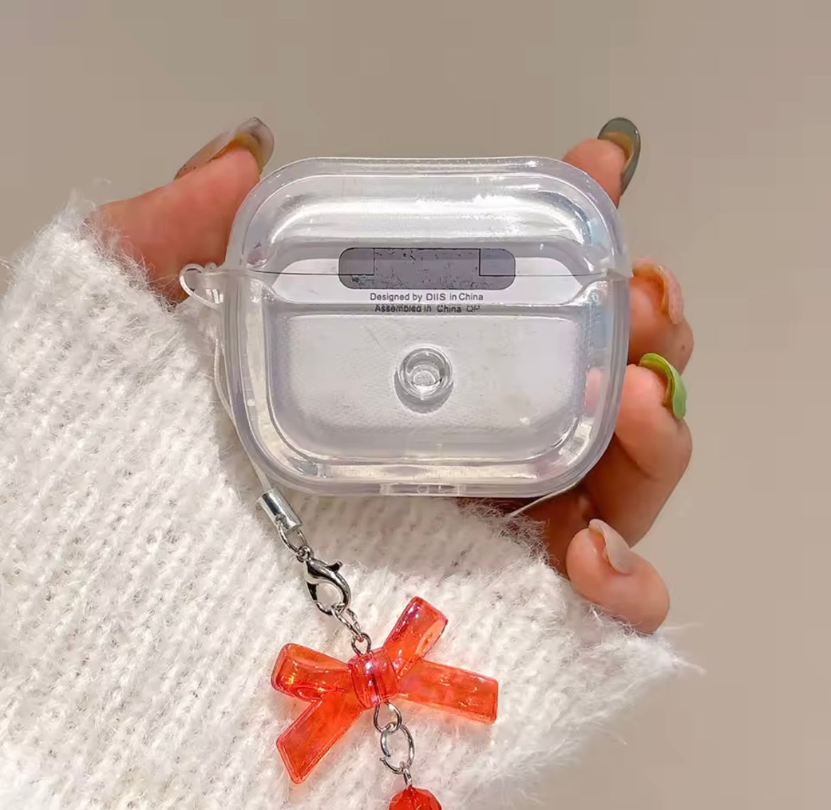 Red Cherry Silver Glitter Airpod Pre-Order Case With Cute Red Bow Hanging