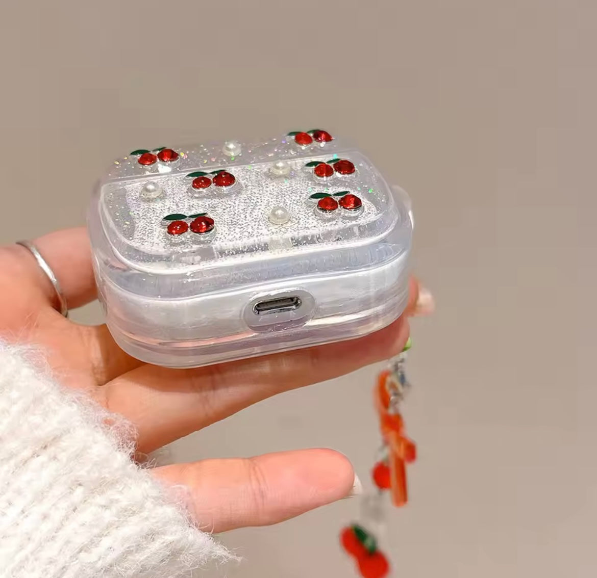 Red Cherry Silver Glitter Airpod Pre-Order Case With Cute Red Bow Hanging