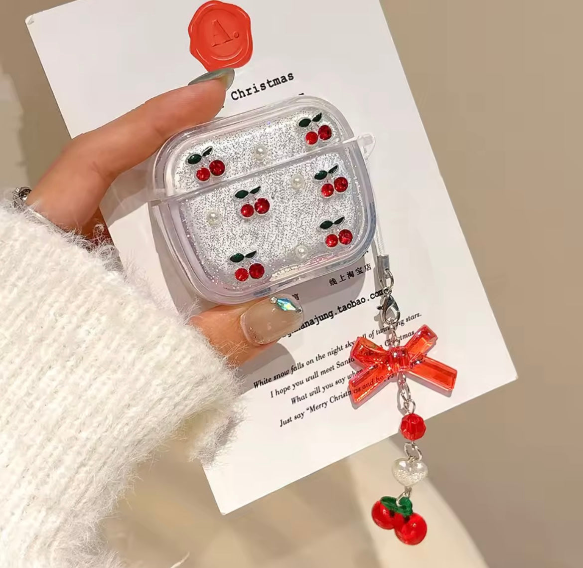 Red Cherry Silver Glitter Airpod Pre-Order Case With Cute Red Bow Hanging