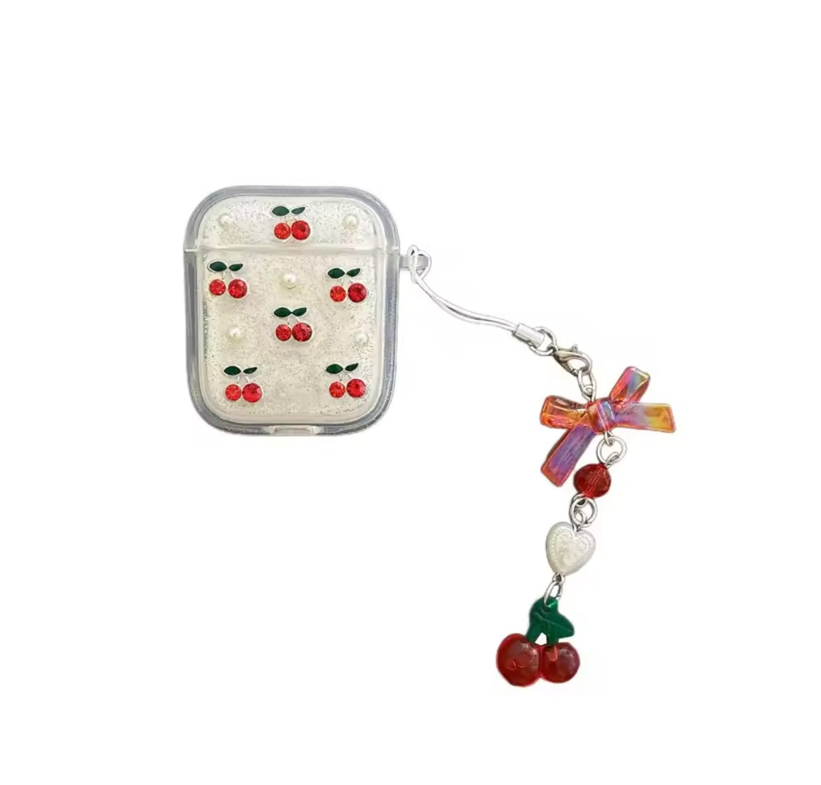 Red Cherry Silver Glitter Airpod Pre-Order Case With Cute Red Bow Hanging