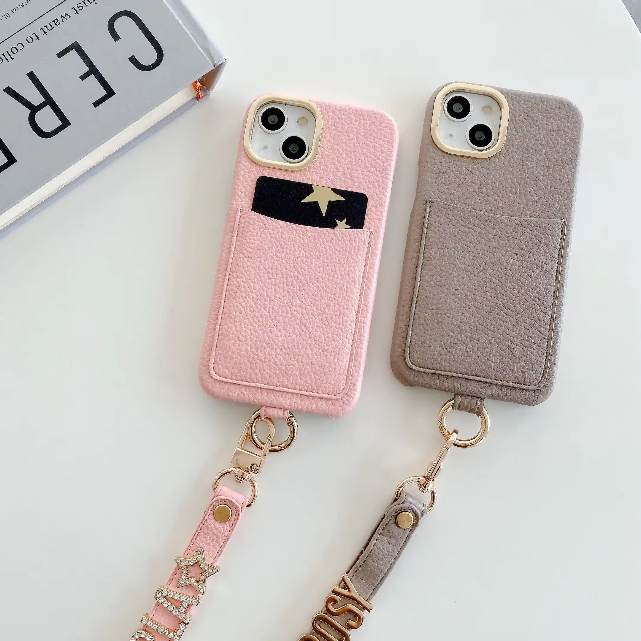 Luxury Card Holder Leather iPhone Strap Case With Custom Initial Name Single Plain Golden Letter