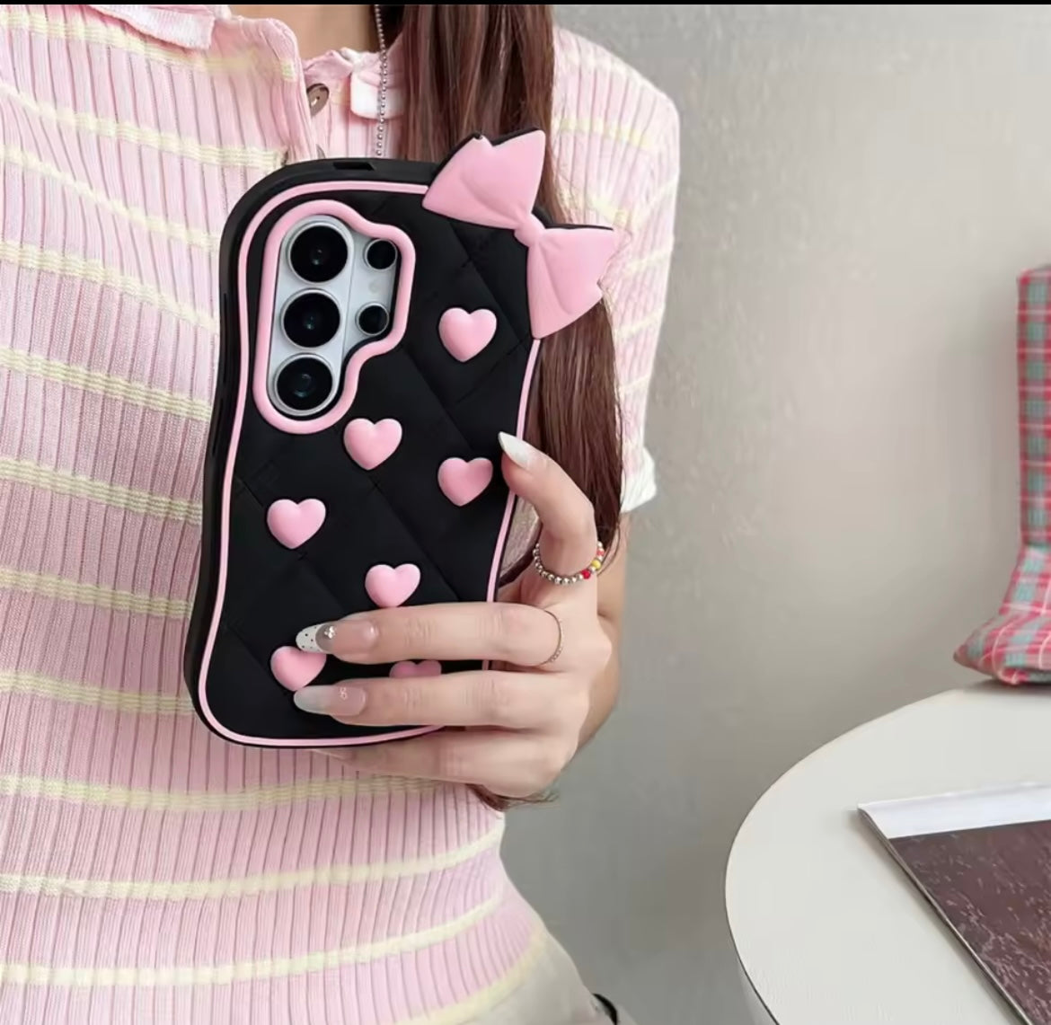 3D iPhone Samsung Vivo Pre-Order Black Pink Heart Bow Rubber Silicone Case