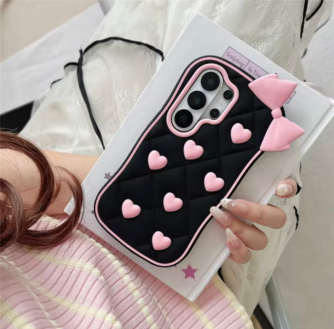 3D iPhone Samsung Vivo Pre-Order Black Pink Heart Bow Rubber Silicone Case