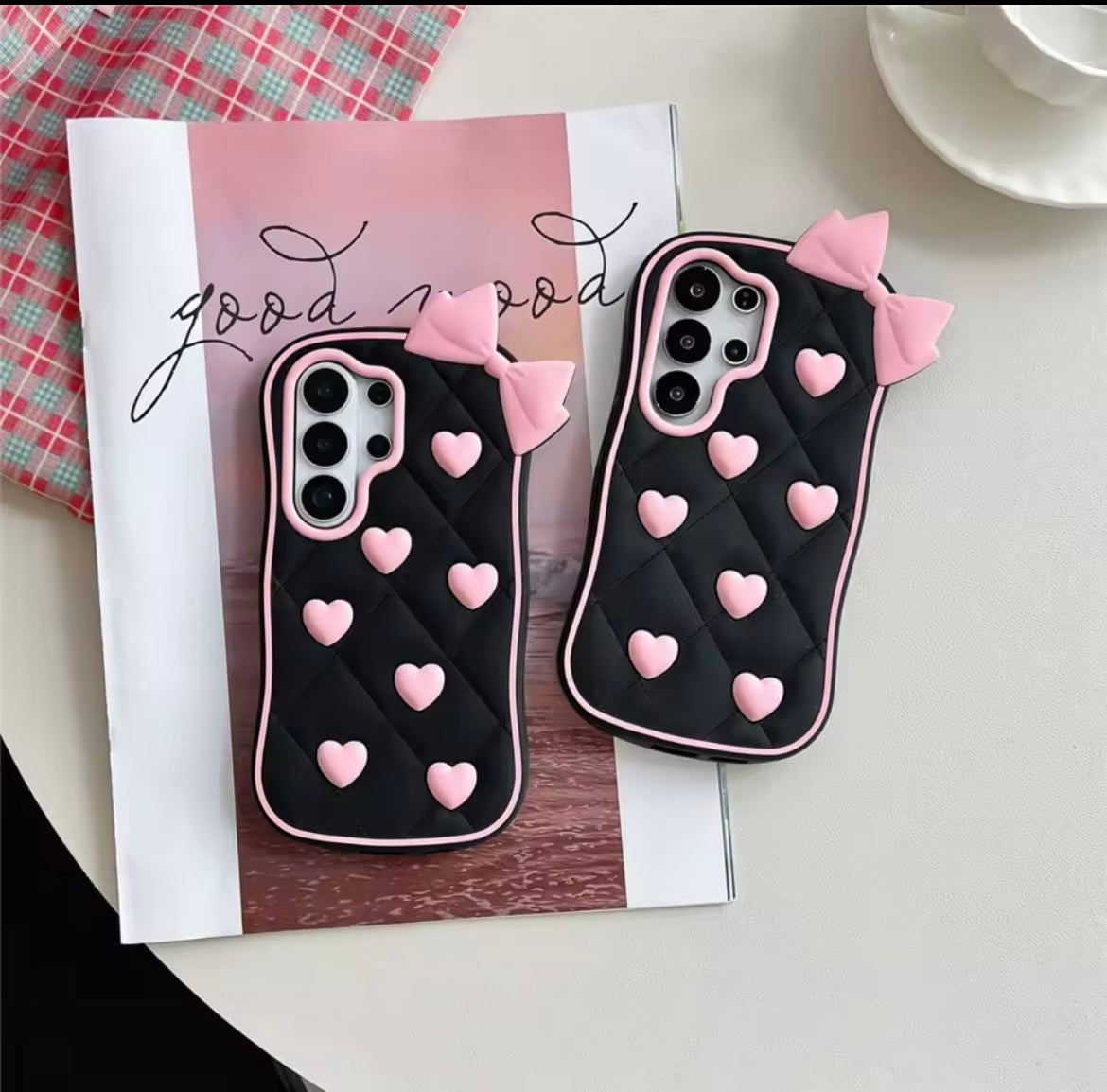 3D iPhone Samsung Vivo Pre-Order Black Pink Heart Bow Rubber Silicone Case