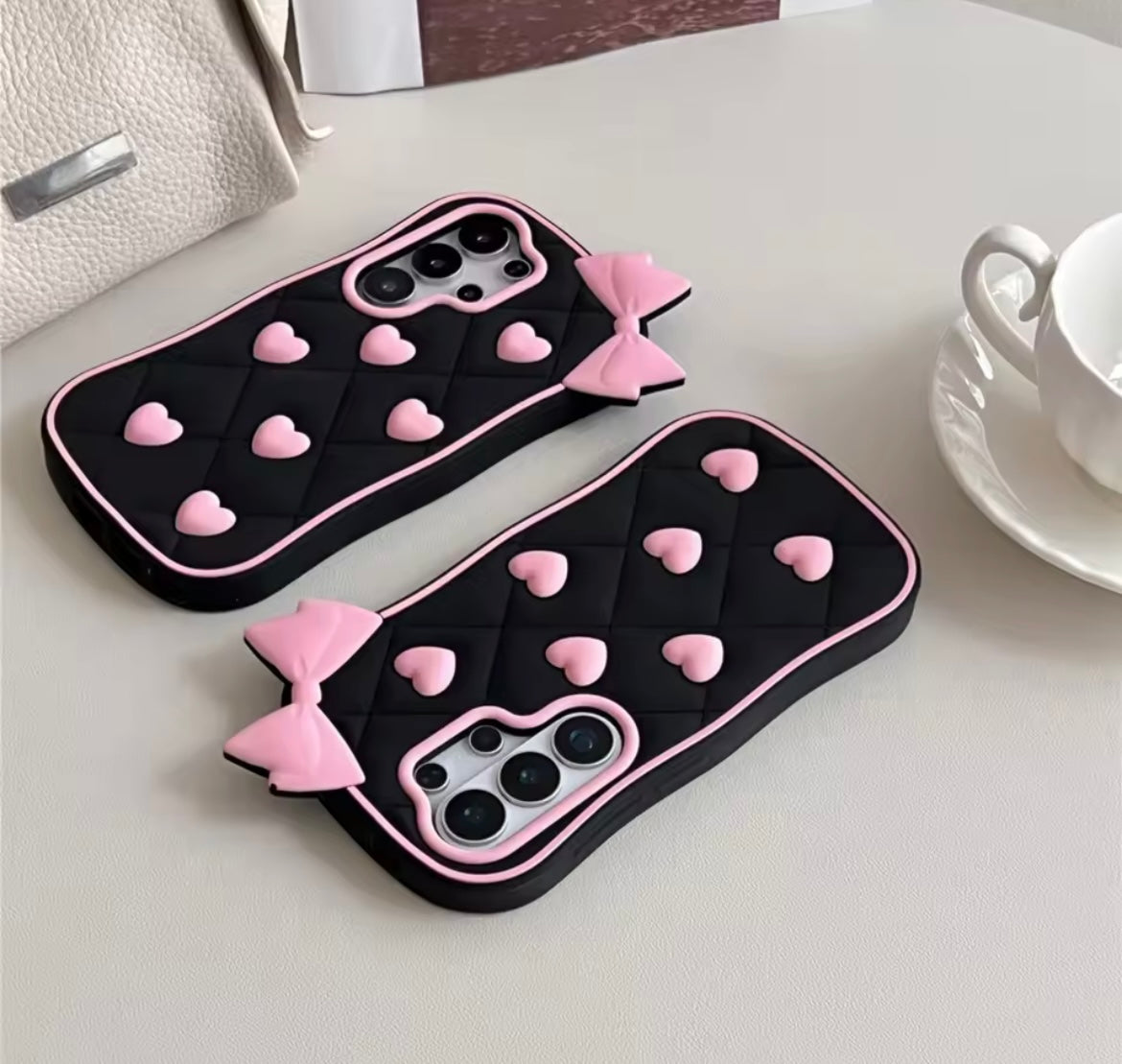 3D iPhone Samsung Vivo Pre-Order Black Pink Heart Bow Rubber Silicone Case