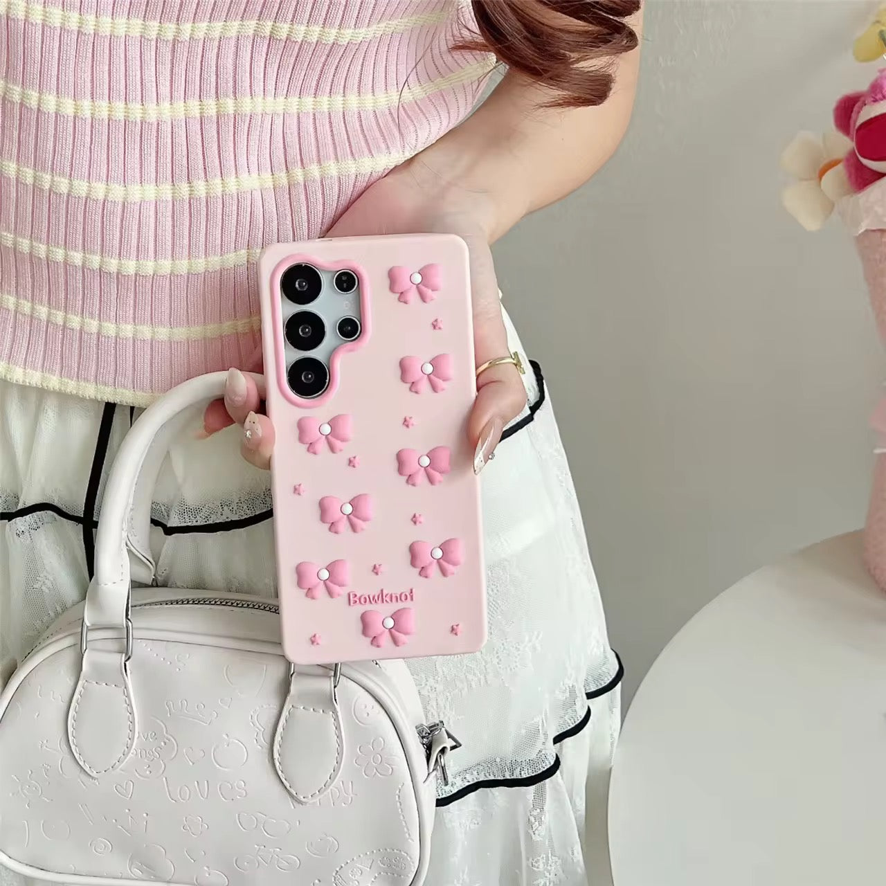 3D iPhone Samsung Redmi Pink Kawaii Pearl Bow Pre-Order Phone Holder Stand Rubber Silicone Case