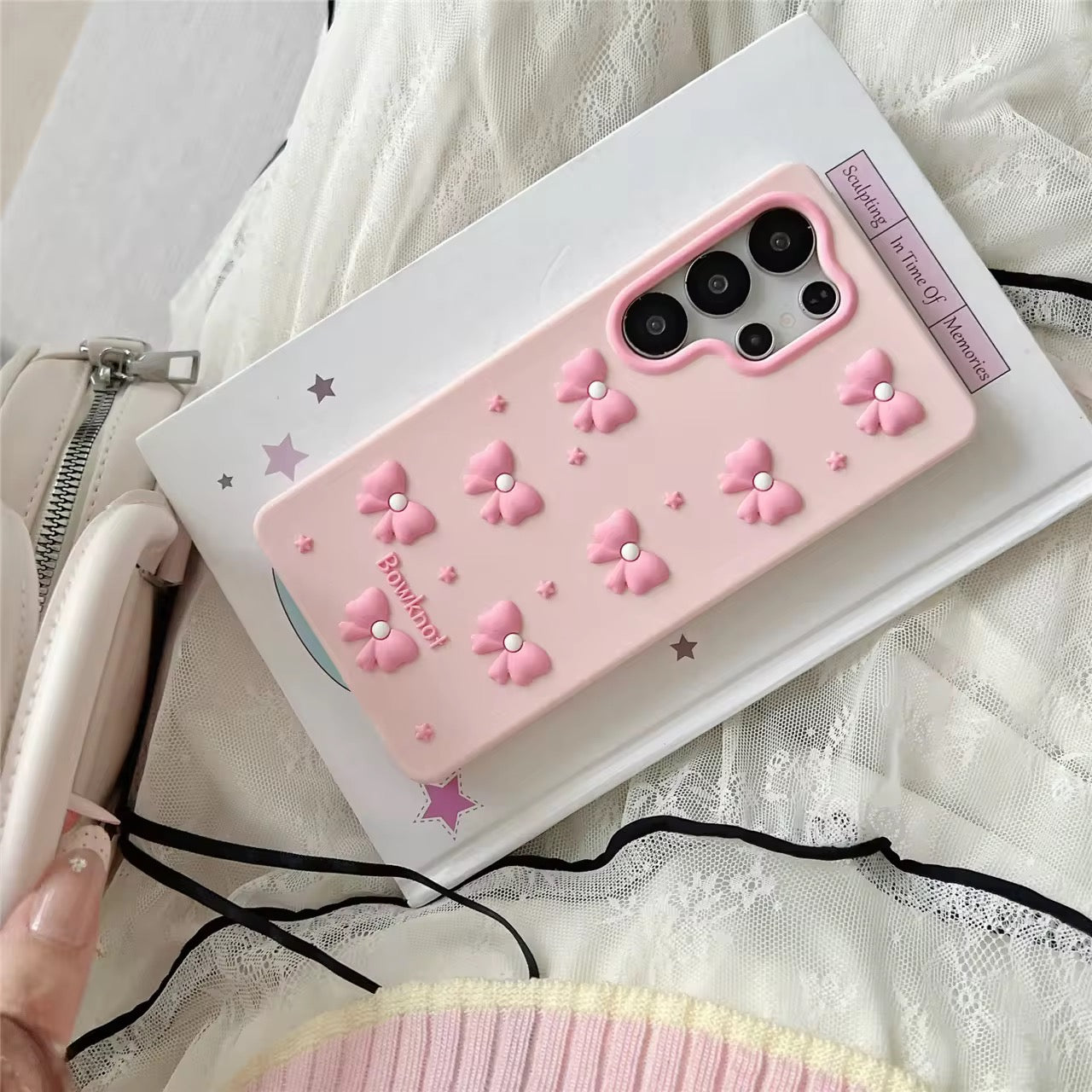 3D iPhone Samsung Redmi Pink Kawaii Pearl Bow Pre-Order Phone Holder Stand Rubber Silicone Case