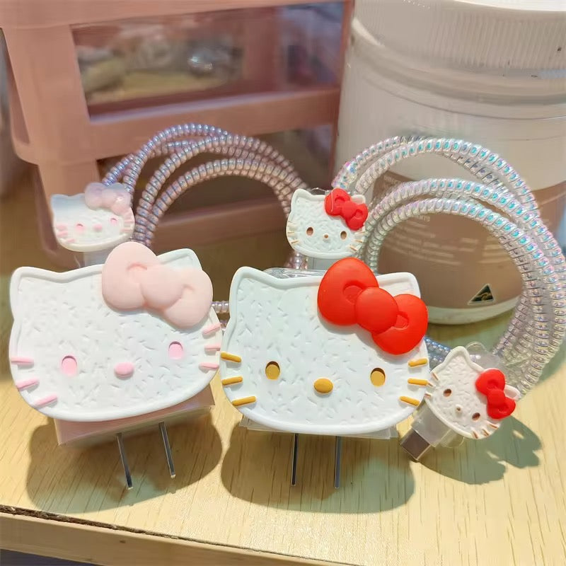 Hello Kitty White iPhone Adapter Charger Cable Wire Protector Set