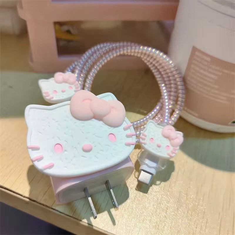 Hello Kitty White iPhone Adapter Charger Cable Wire Protector Set