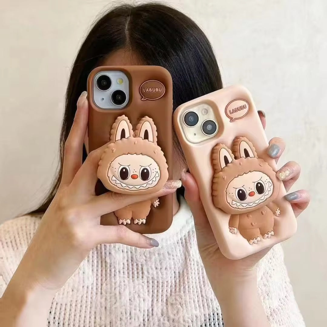3D Labubu Pre-Order Phone Holder Brown Beige Trending Shockproof Rubber Silicone iPhone Case