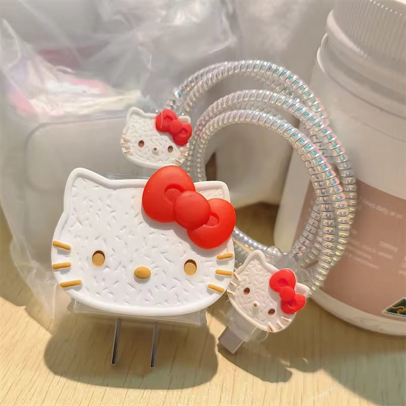 Hello Kitty White iPhone Adapter Charger Cable Wire Protector Set