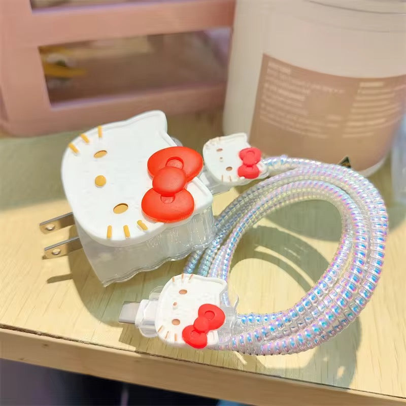 Hello Kitty White iPhone Adapter Charger Cable Wire Protector Set