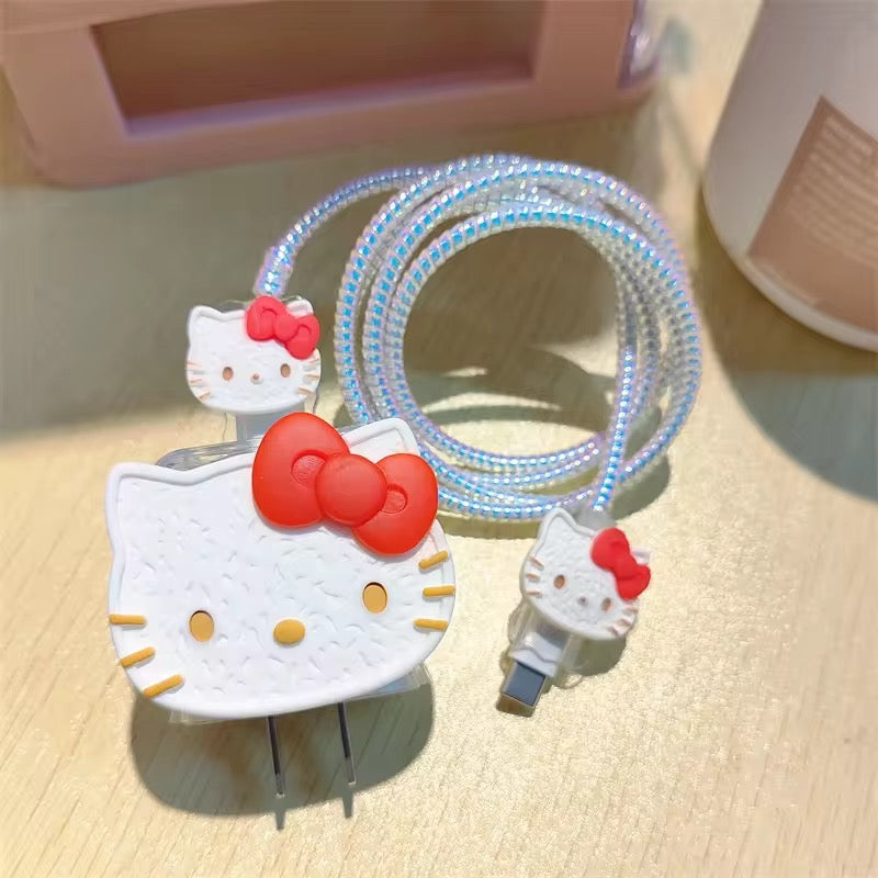 Hello Kitty White iPhone Adapter Charger Cable Wire Protector Set