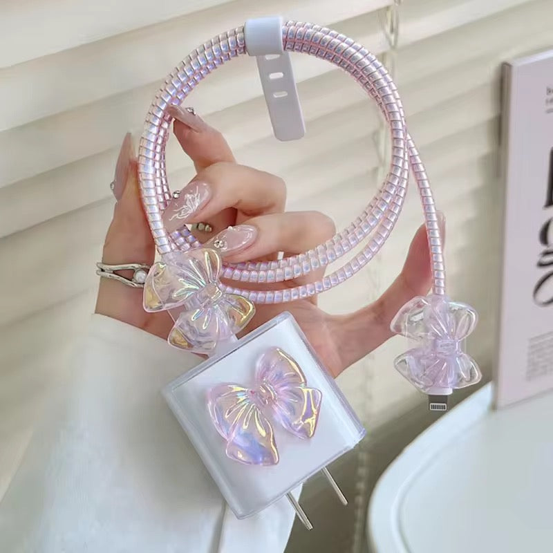 Cute Pink Bow Transparent iPhone Adapter Charger Cable Wire Protector Set