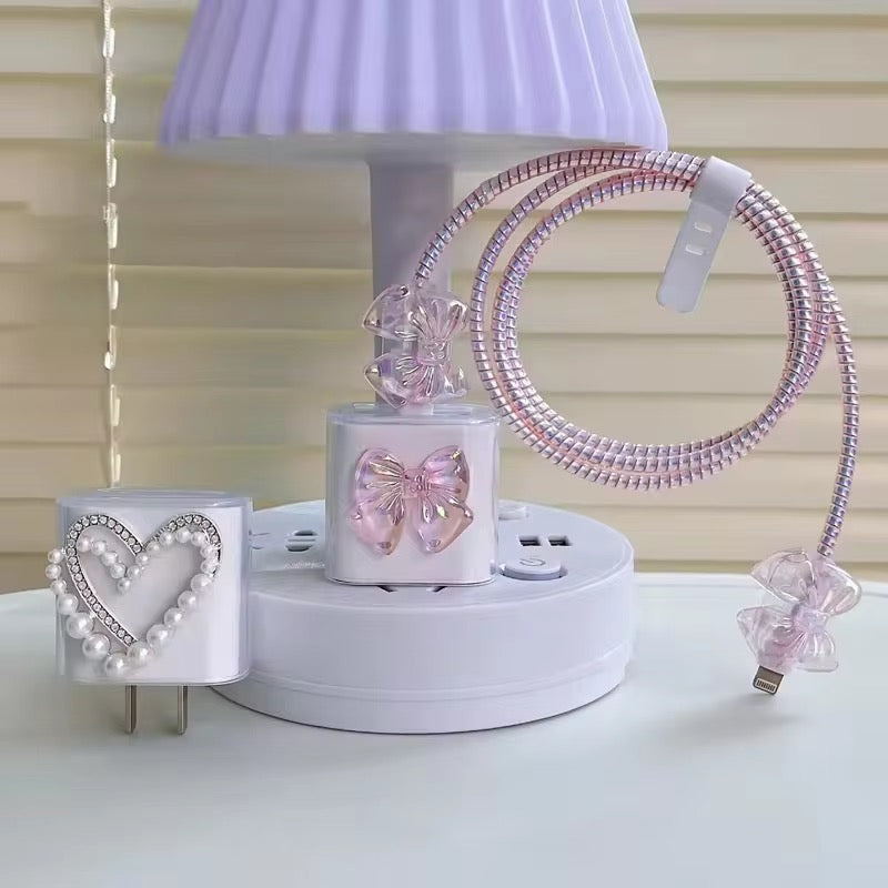 Cute Pink Bow Transparent iPhone Adapter Charger Cable Wire Protector Set