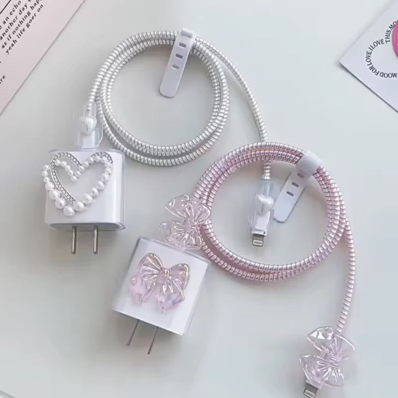 Cute Pink Bow Transparent iPhone Adapter Charger Cable Wire Protector Set