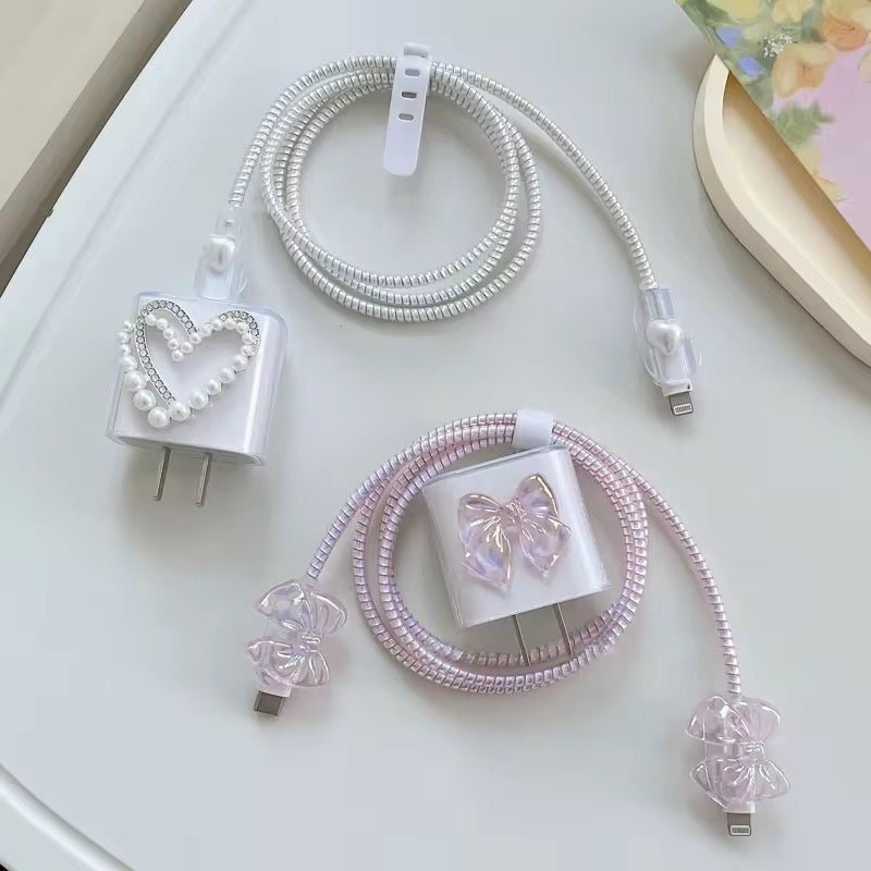 Cute Pink Bow Transparent iPhone Adapter Charger Cable Wire Protector Set