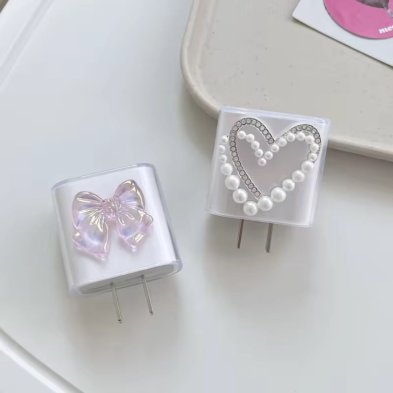 Cute Pink Bow Transparent iPhone Adapter Charger Cable Wire Protector Set