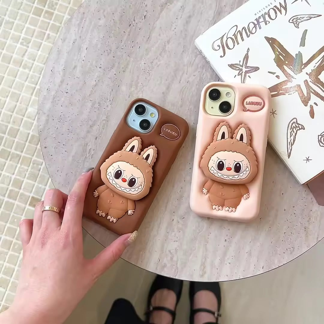 3D Labubu Pre-Order Phone Holder Brown Beige Trending Shockproof Rubber Silicone iPhone Case