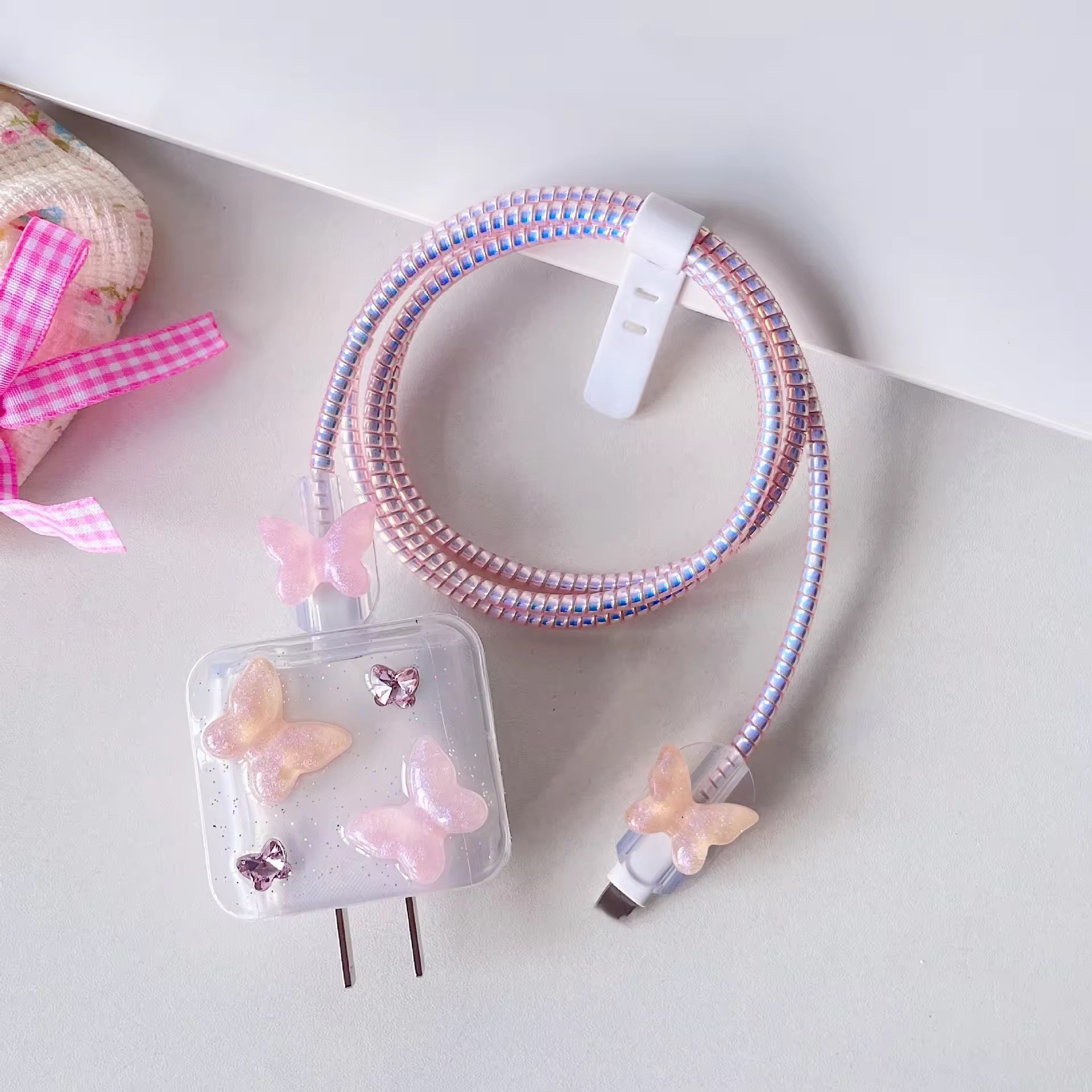 3D Pink Butterfly iPhone Adapter Charger Cable Wire Protector Set