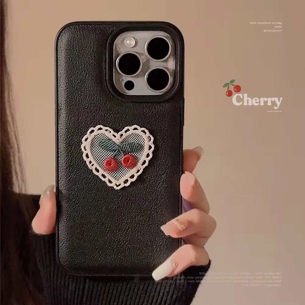 Embroidery Love Cherry Protective Black Textured iPhone Case