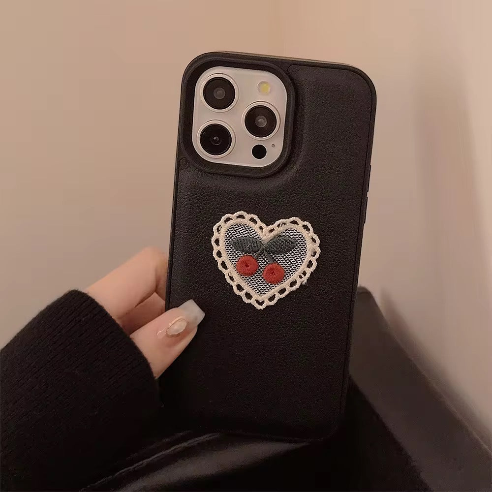 Embroidery Love Cherry Protective Black Textured iPhone Case