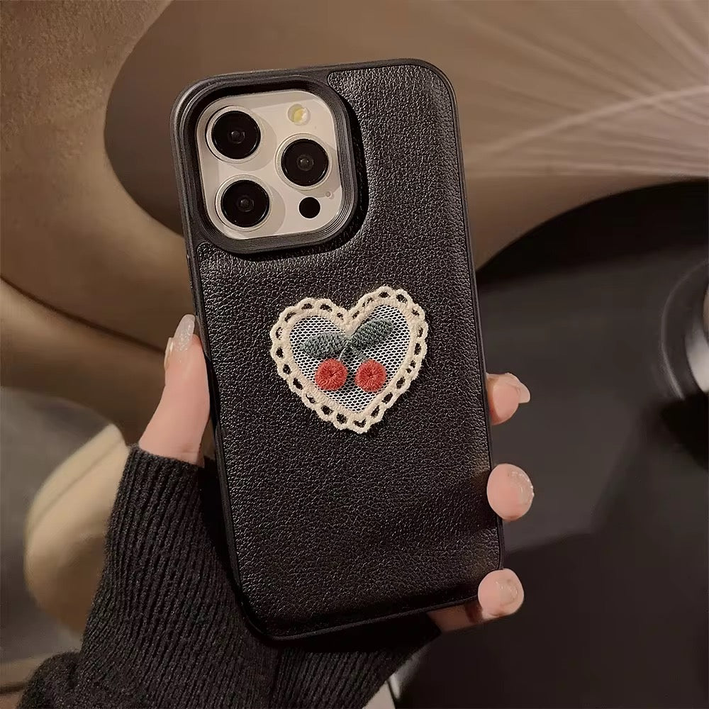 Embroidery Love Cherry Protective Black Textured iPhone Case