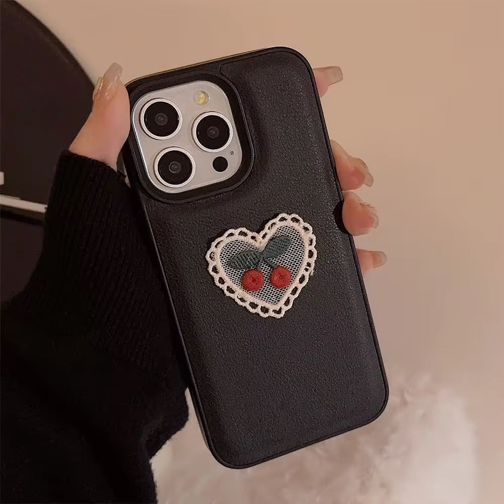 Embroidery Love Cherry Protective Black Textured iPhone Case