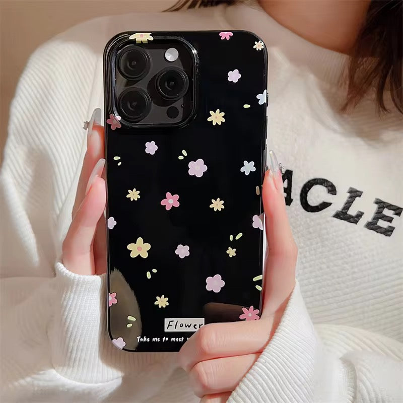 Colorful Candy Floral Flowers Black Glossy iPhone Soft Case