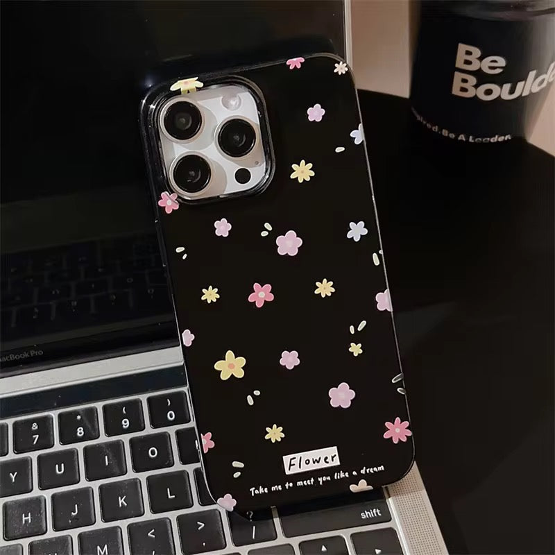 Colorful Candy Floral Flowers Black Glossy iPhone Soft Case