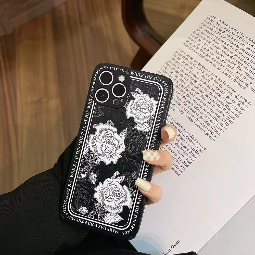 Retro Black White Floral Flowers Protective Border iPhone Soft Case