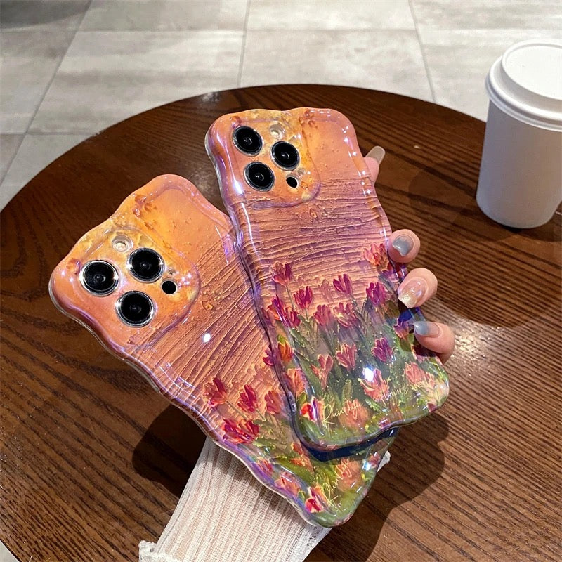 Orange Sunset Laser Floral Flowers Holographic iPhone Soft Silicone Case