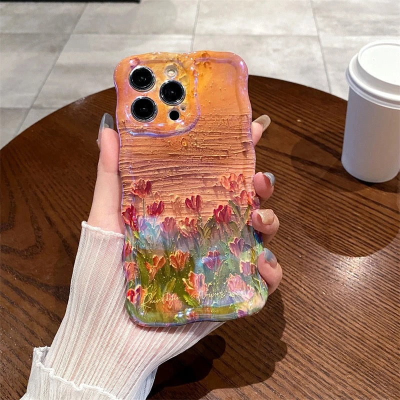 Orange Sunset Laser Floral Flowers Holographic iPhone Soft Silicone Case