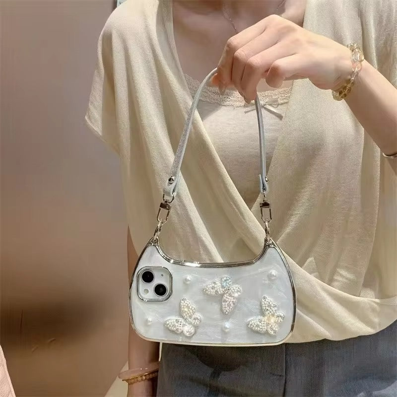 3D Glitter Butterfly Wallet Bag Style iPhone Pre-Order White Silicone Case