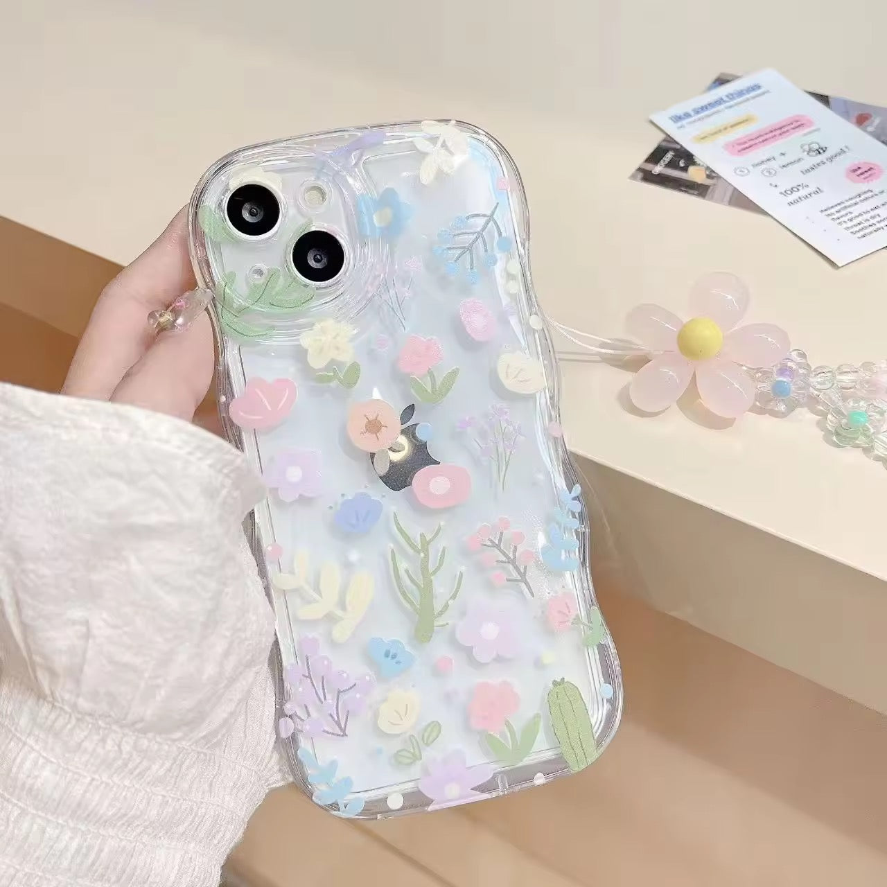 Cute Floral Flower Big Lanyard Bracelet Transparent iPhone Soft Case