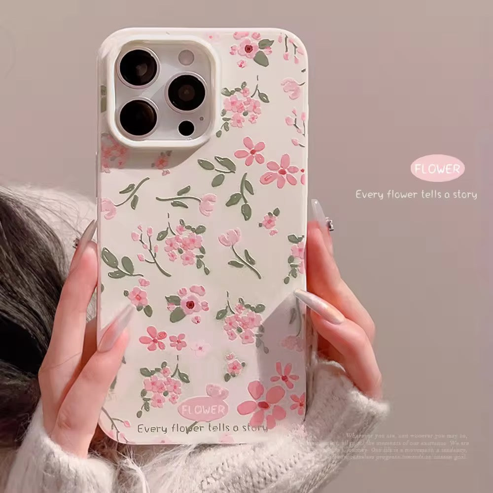 Pink Green Leaf Floral Flower White Glossy iPhone Soft Case