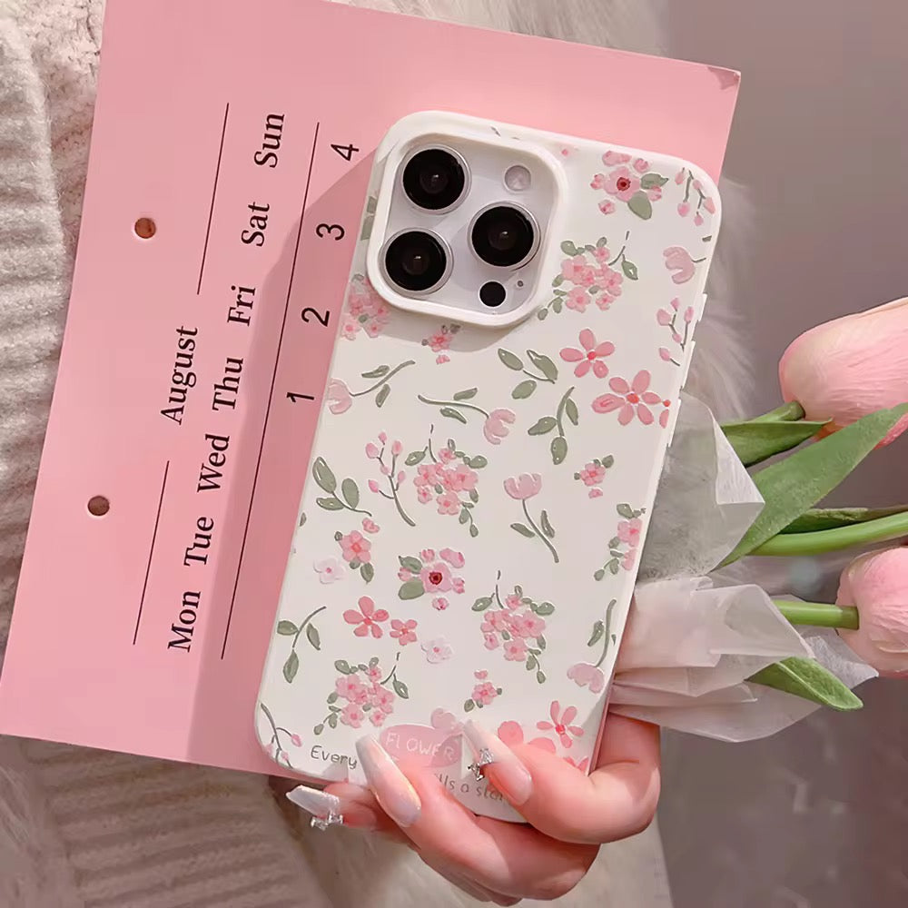 Pink Green Leaf Floral Flower White Glossy iPhone Soft Case