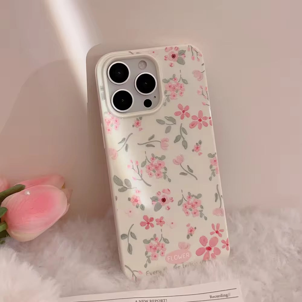 Pink Green Leaf Floral Flower White Glossy iPhone Soft Case