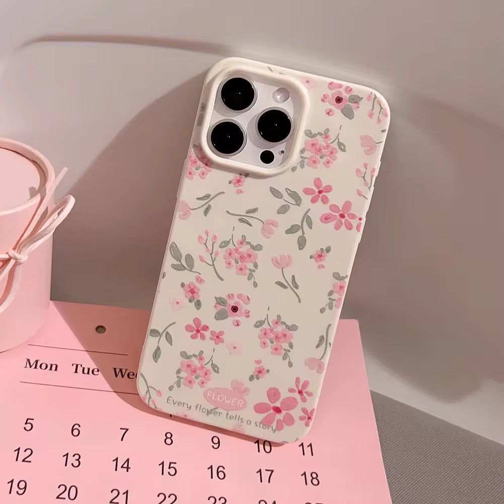 Pink Green Leaf Floral Flower White Glossy iPhone Soft Case