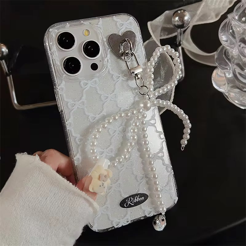 3D Pearl Knot  Sparkle Blue Bow Transparent iPhone Soft Case