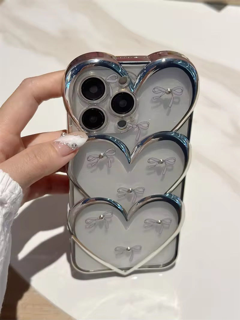 3D Hearts Cute Bow Transparent Studded iPhone Soft Case