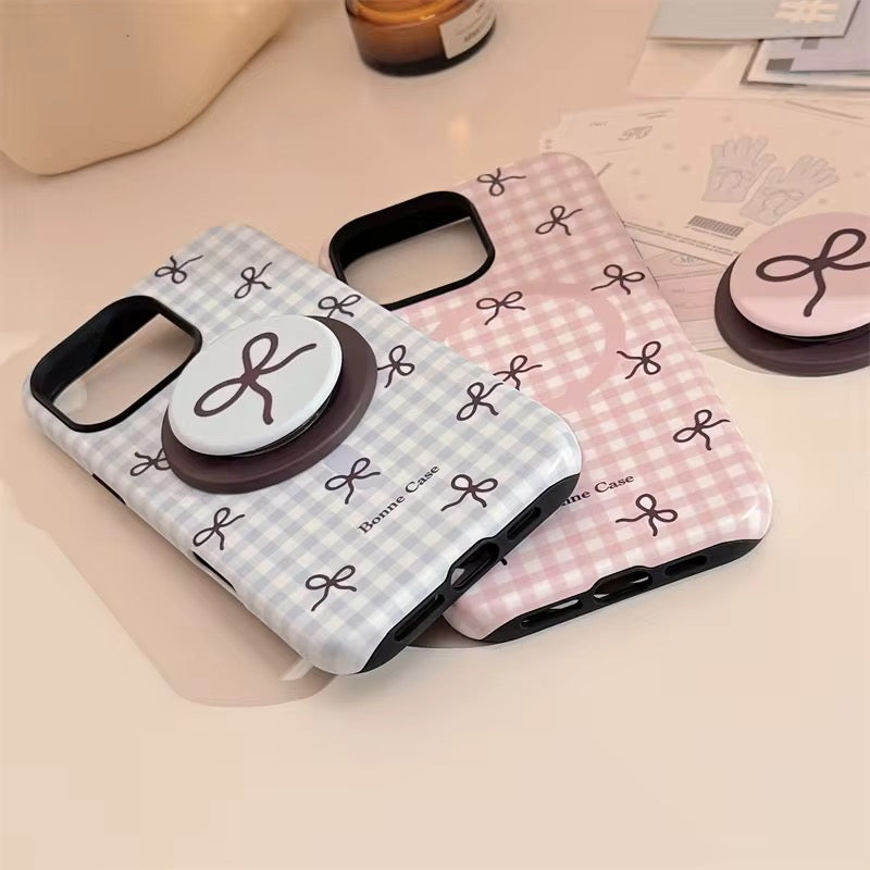 Cute Pink Blue Bow Glossy Plaid Magnetic Phone Holder iPhone Pre-Order Case